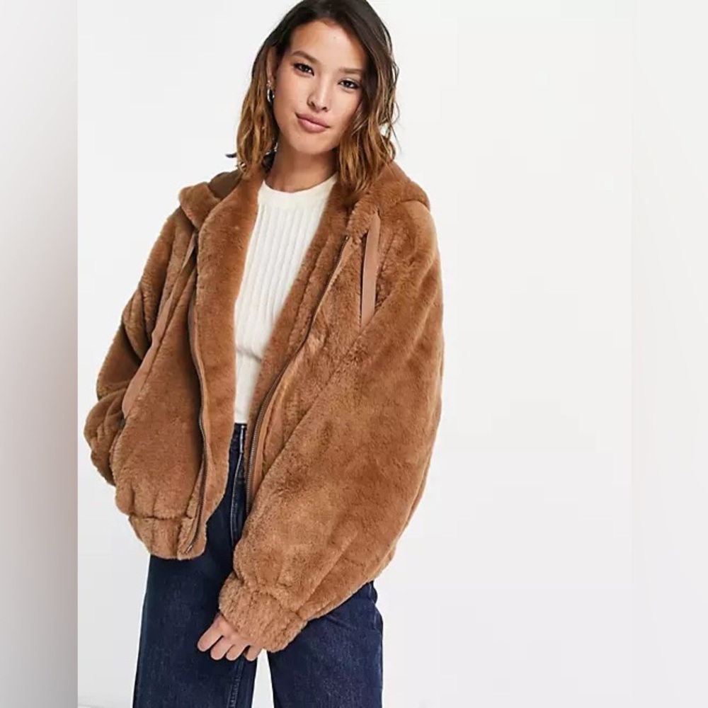 Free People Freya Fur Brown Hoodie Zip Up - Picture 7 of 8